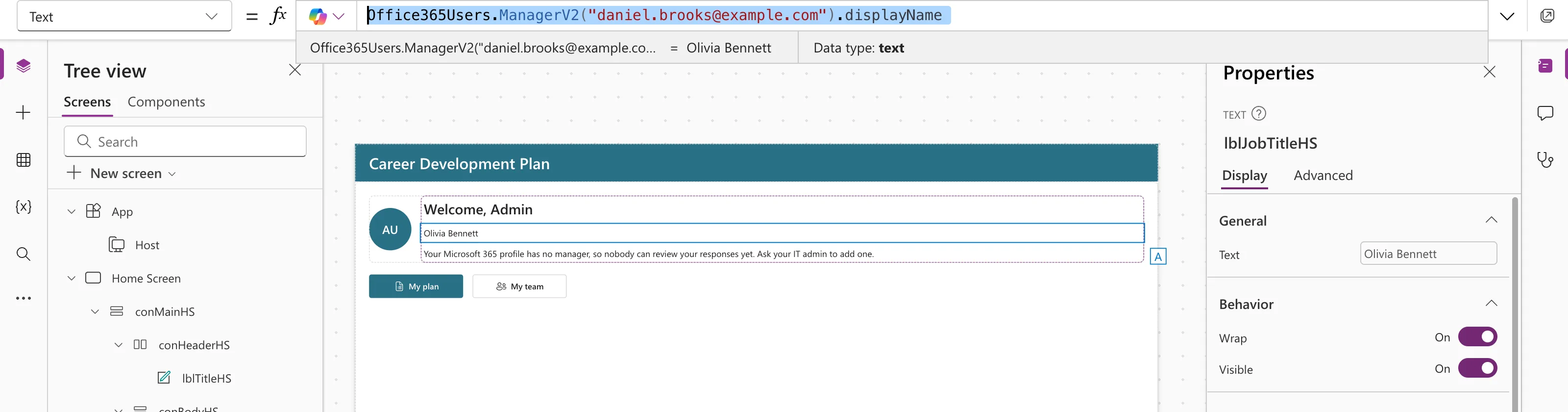 The formula bar with Office365Users.ManagerV2("daniel.brooks@example.com").displayName, the preview strip reading Olivia Bennett with Data type text