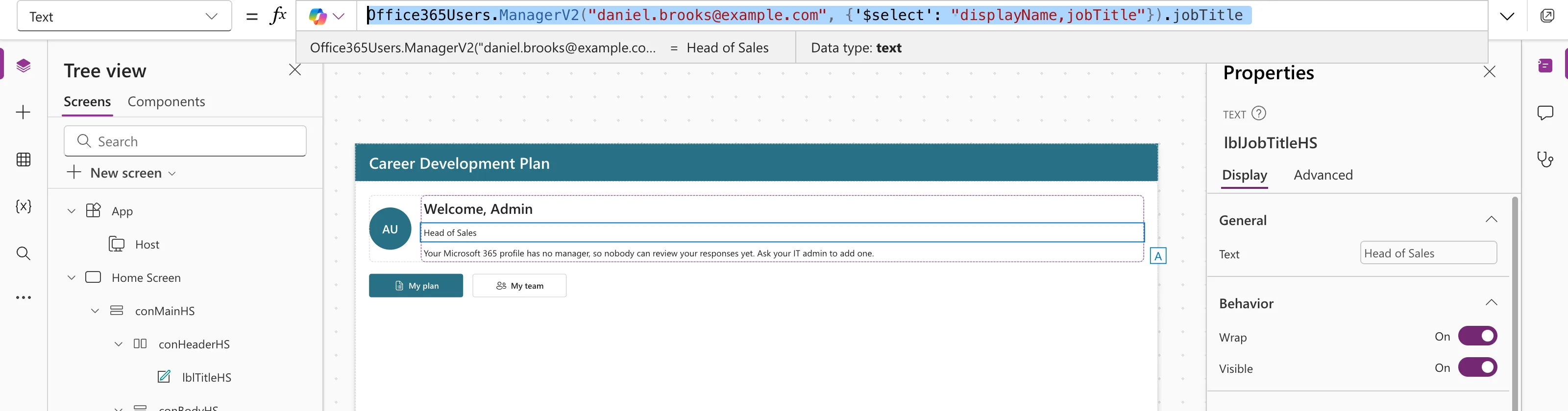 The formula bar with ManagerV2 for Daniel with $select displayName,jobTitle and .jobTitle, the preview strip reading Head of Sales with Data type text