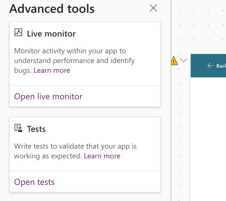 The Advanced tools pane in Power Apps Studio with the Live monitor card, Monitor activity within your app to understand performance and identify bugs, and Open live monitor, above the Tests card