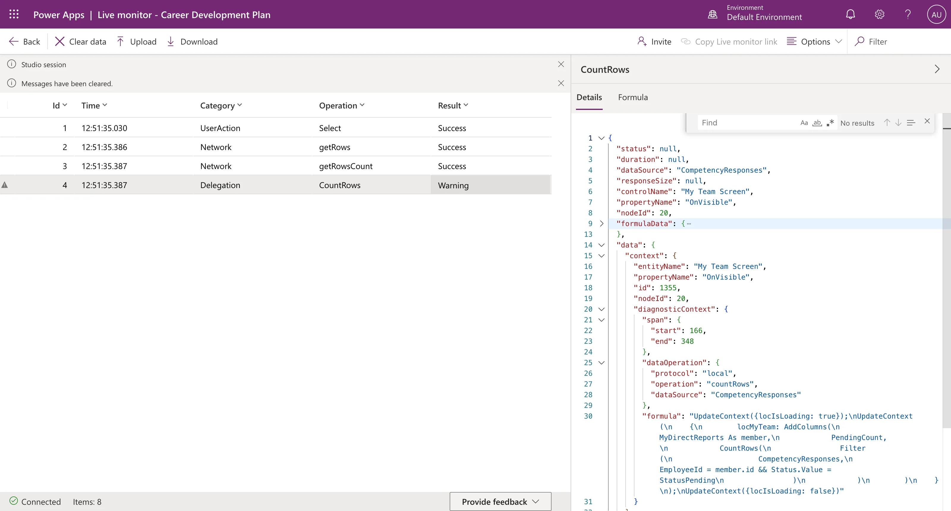 Live monitor with the Delegation CountRows event selected and its Details pane showing JSON with the data source CompetencyResponses, the control My Team Screen, the property OnVisible, and a data operation that is local countRows