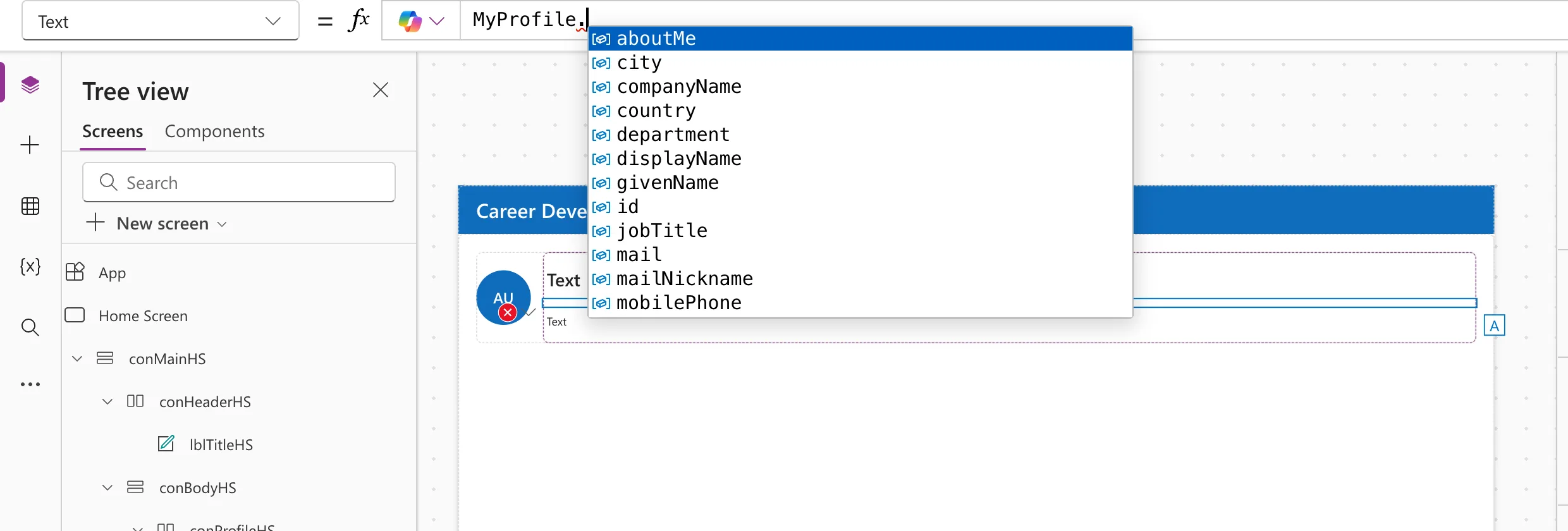 The formula bar with MyProfile. typed and an IntelliSense list of fields: aboutMe, city, companyName, country, department, displayName, givenName, id, jobTitle, mail, mailNickname and mobilePhone