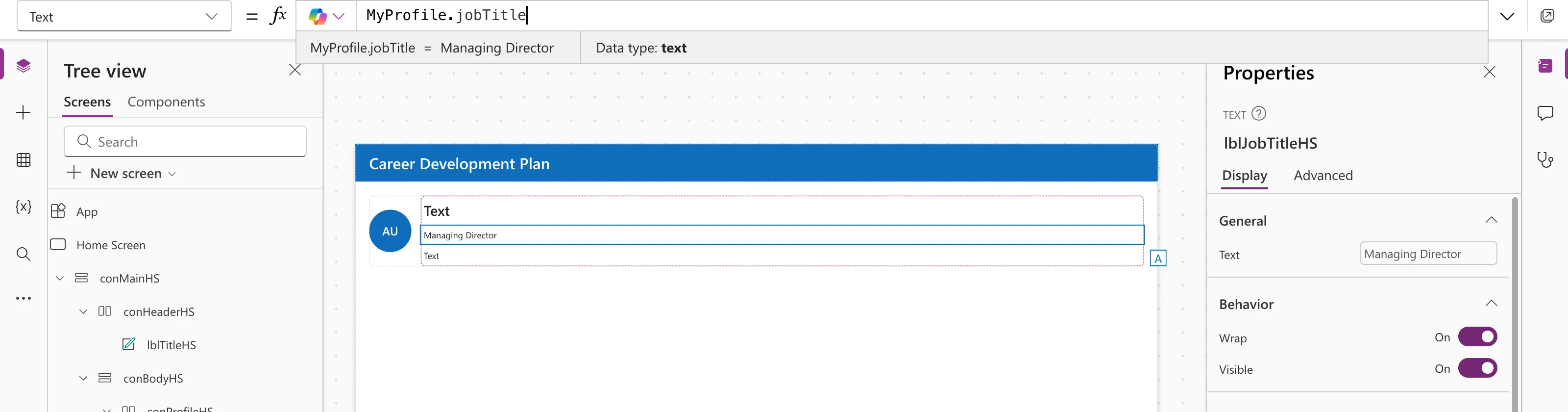 The formula bar with MyProfile.jobTitle, the preview strip reading MyProfile.jobTitle = Managing Director with Data type text
