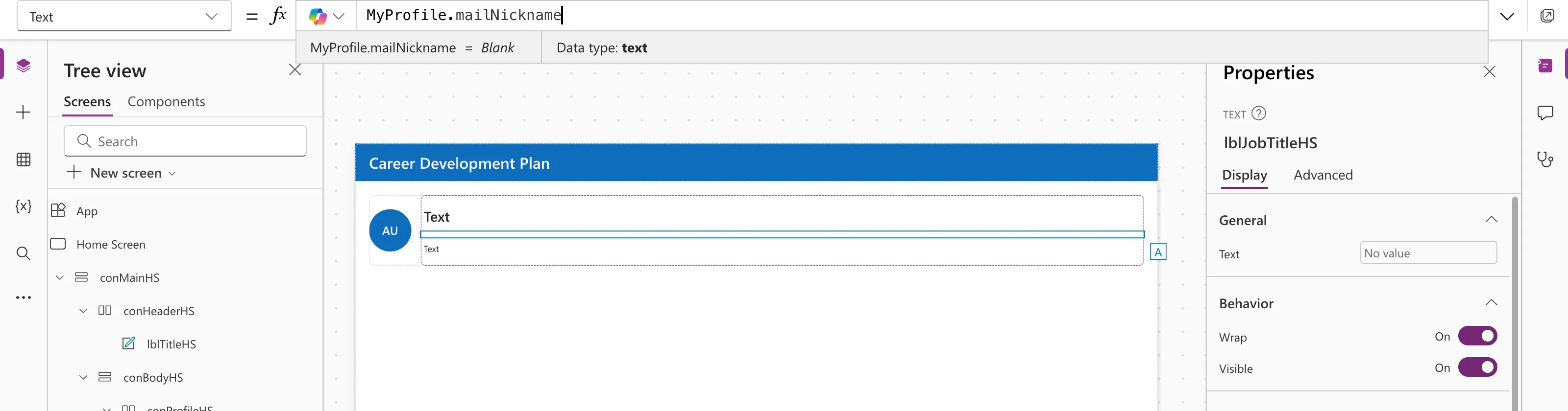 The formula bar with MyProfile.mailNickname, the preview strip reading MyProfile.mailNickname = Blank with Data type text