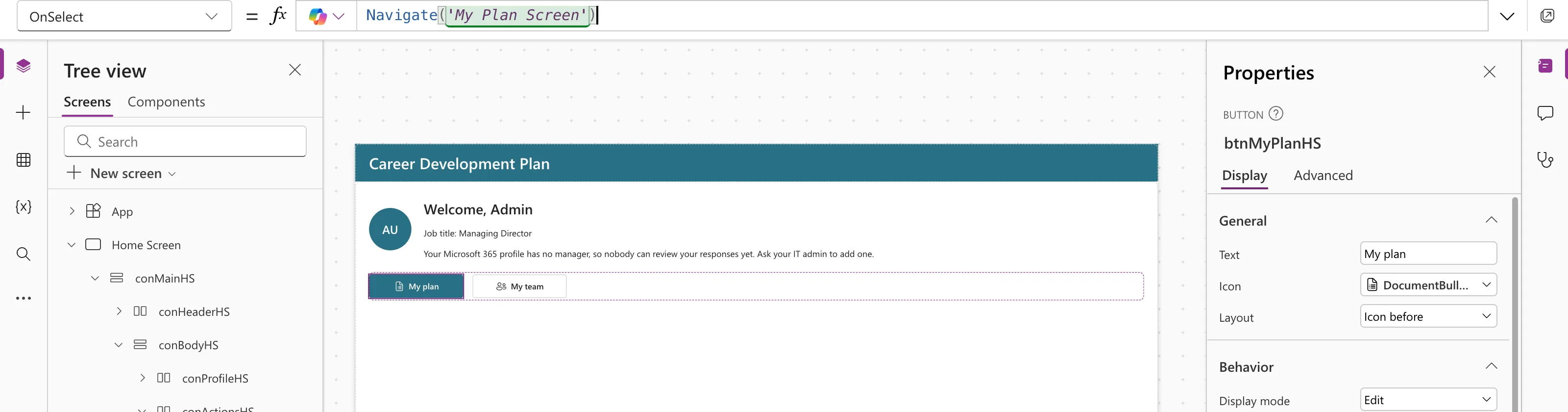 The formula bar with the OnSelect property of btnMyPlanHS set to Navigate('My Plan Screen'), and the Home screen on the canvas