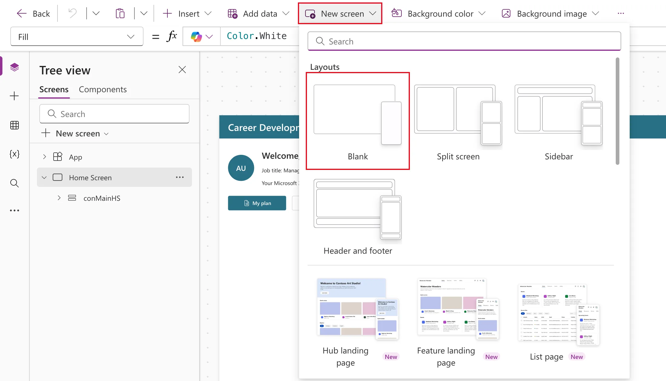 The New screen menu open under the New screen button, with Layouts listing Blank, Split screen, Sidebar and Header and footer, then Hub landing page, Feature landing page and List page marked New, Approval request, Welcome screen and more, with Blank outlined in red