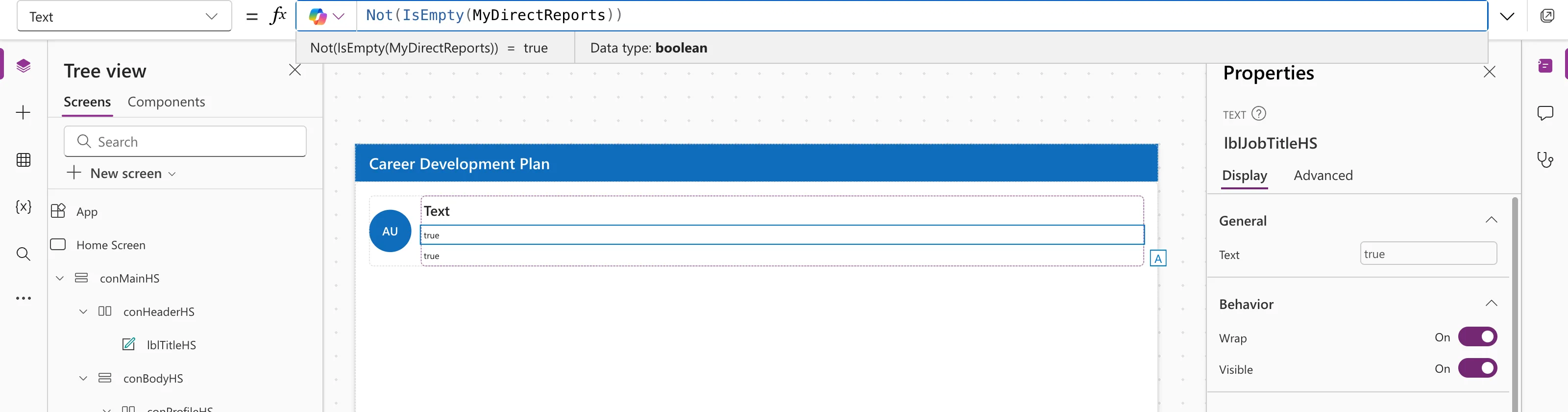 The formula bar with Not(IsEmpty(MyDirectReports)), the preview strip reading true with Data type boolean