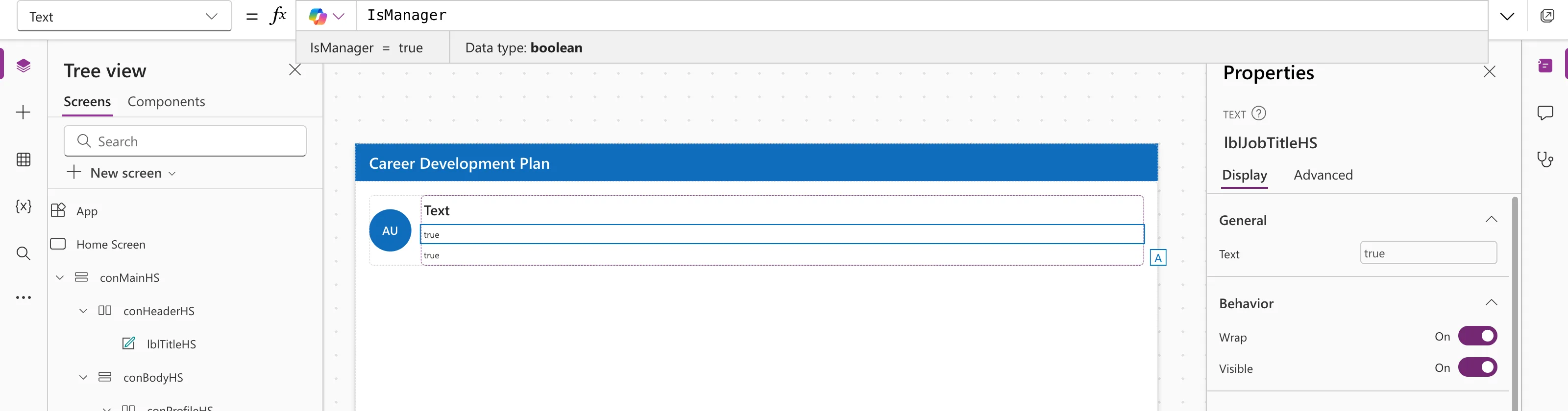 The formula bar with IsManager, the preview strip reading IsManager = true with Data type boolean