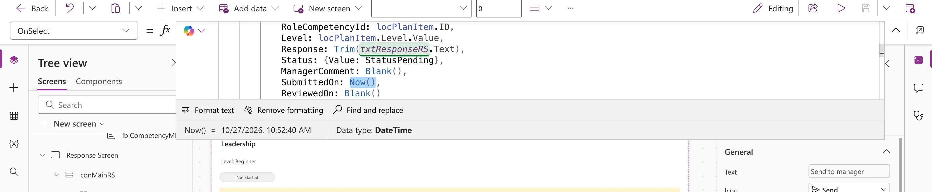 The expanded formula bar of btnSendRS with Now() highlighted on the SubmittedOn line, and the preview strip reading Now() = 10/27/2026, 10:52:40 AM with Data type DateTime