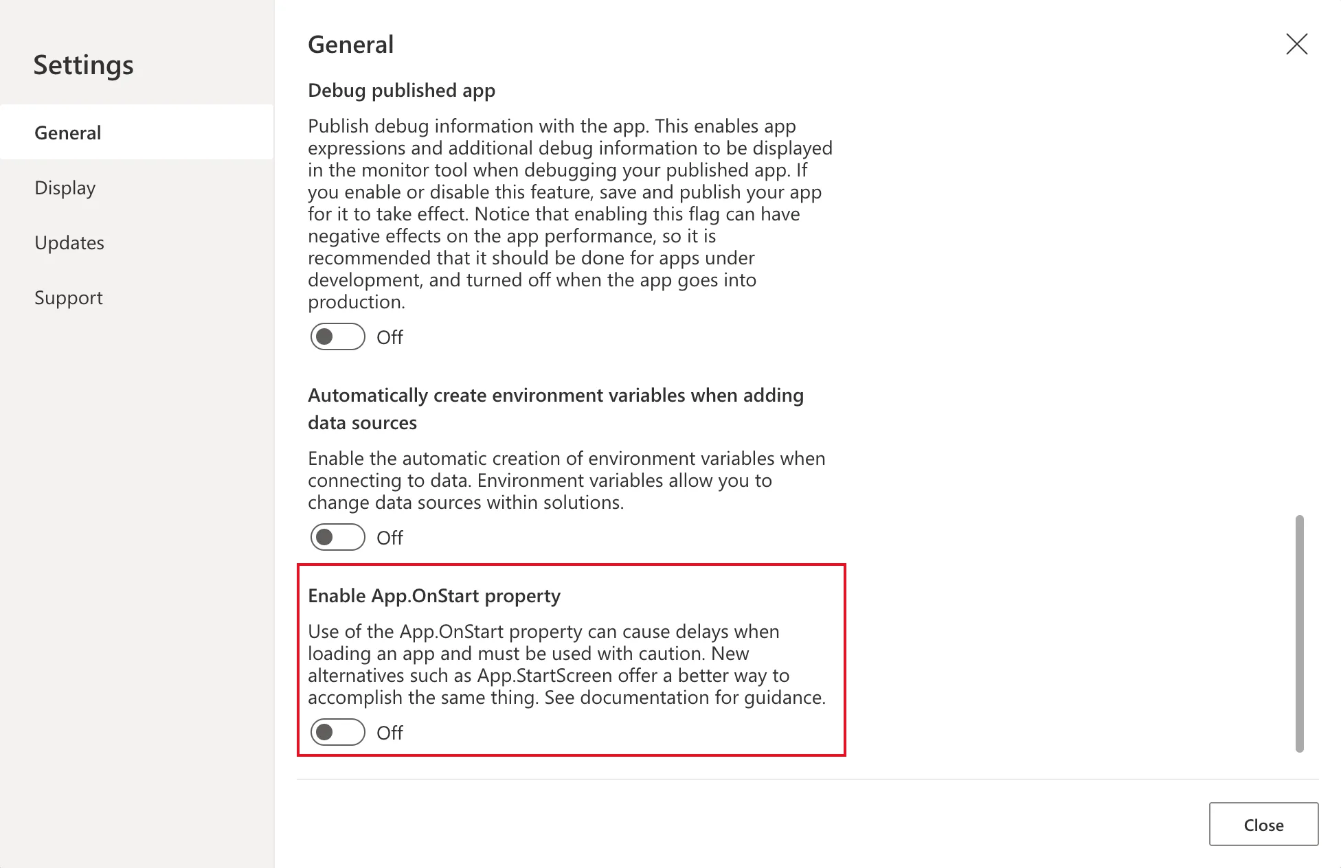 The General settings page after the reload, with Enable App.OnStart property outlined in red and its switch Off