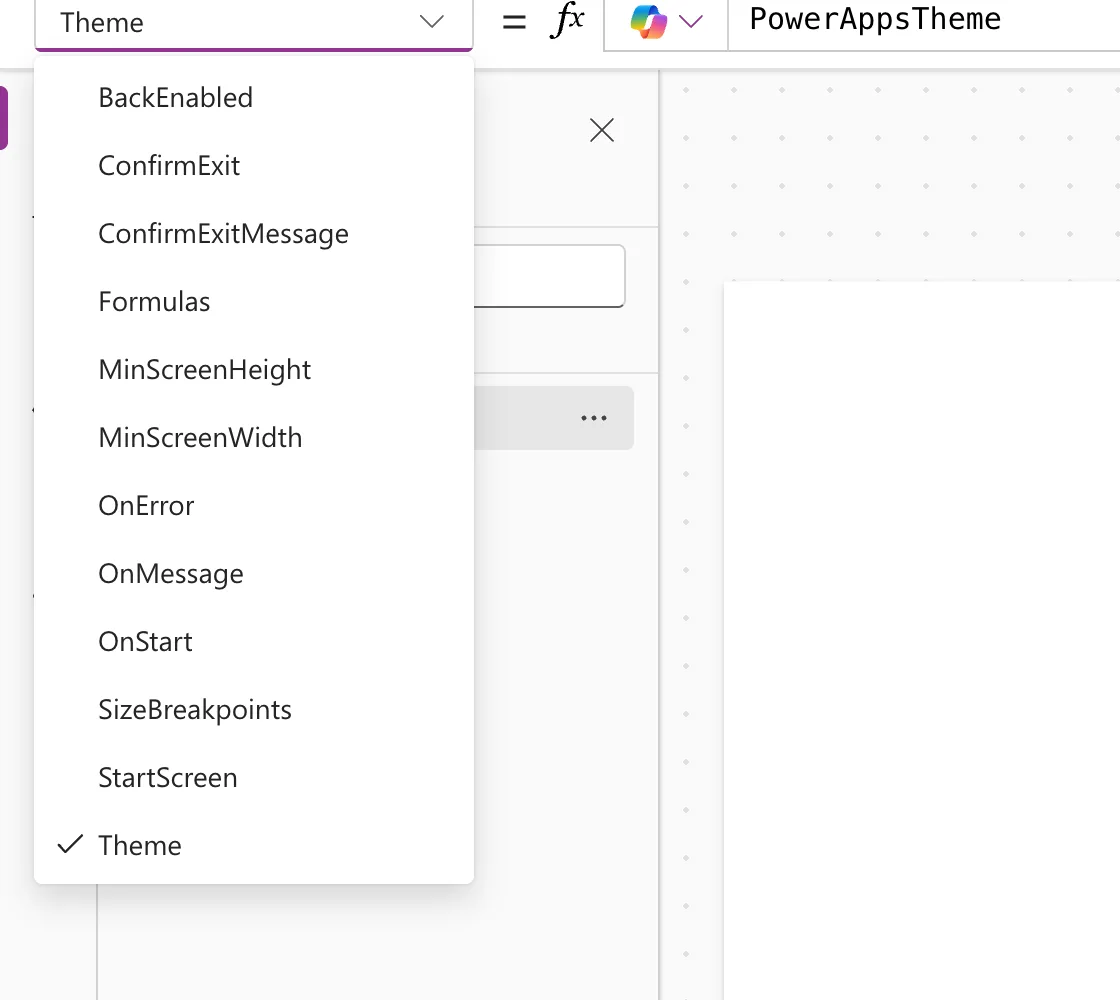 The App property list with the switch off, still listing OnStart between OnMessage and SizeBreakpoints