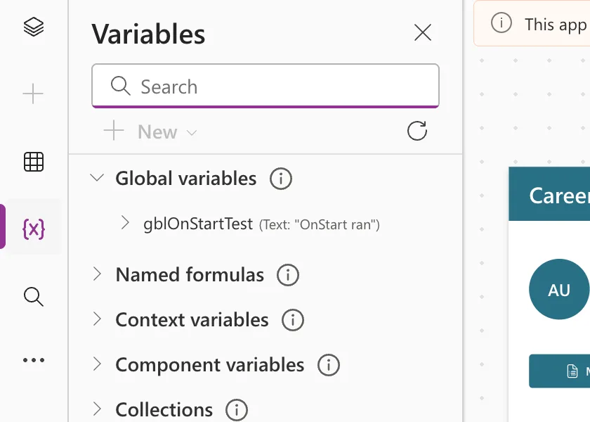The Variables pane after the reload, with the global variable gblOnStartTest showing Text "OnStart ran"