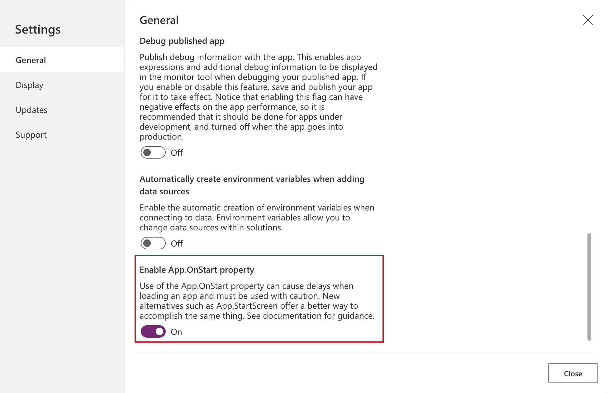 The General settings page with Enable App.OnStart property outlined in red and its switch On again
