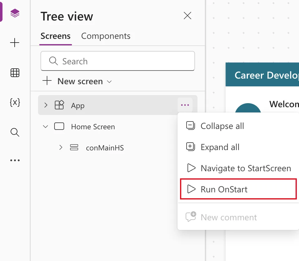 The App menu in the tree view listing Collapse all, Expand all, Navigate to StartScreen, Run OnStart and New comment, with Run OnStart outlined in red