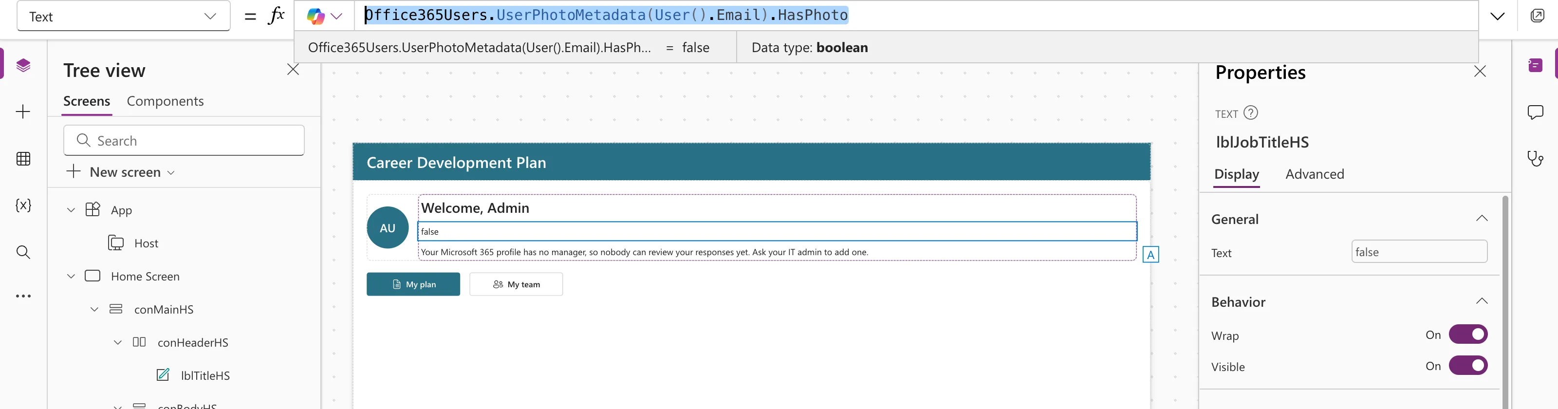 The formula bar with Office365Users.UserPhotoMetadata(User().Email).HasPhoto and the preview strip reading false with Data type boolean