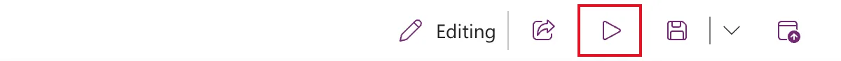 The right end of the Power Apps Studio command bar, with Editing, Share, the Preview the app play button outlined in red, Save and Publish
