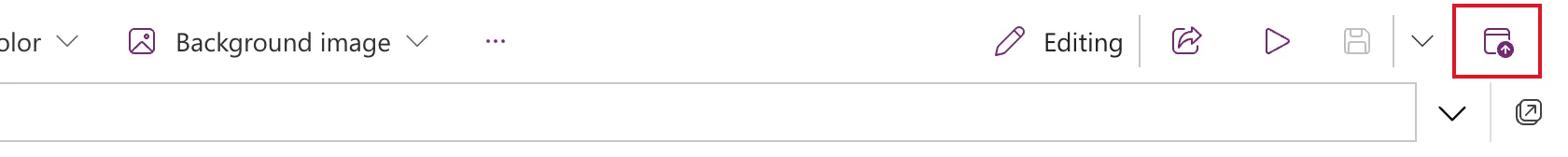 The right end of Power Apps Studio's command bar with Editing, Share, Preview, Save and the Publish icon outlined in red