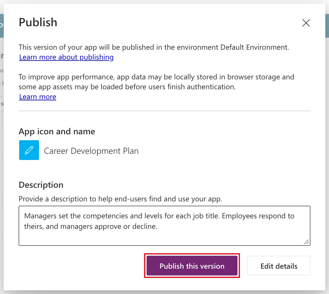 The Publish dialog: This version of your app will be published in the environment Default Environment, a note about browser storage, App icon and name Career Development Plan, a Description box, and the Publish this version button outlined in red