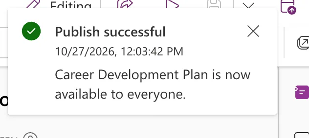 A notification reading Publish successful, 10/27/2026, 12:03:42 PM, Career Development Plan is now available to everyone.