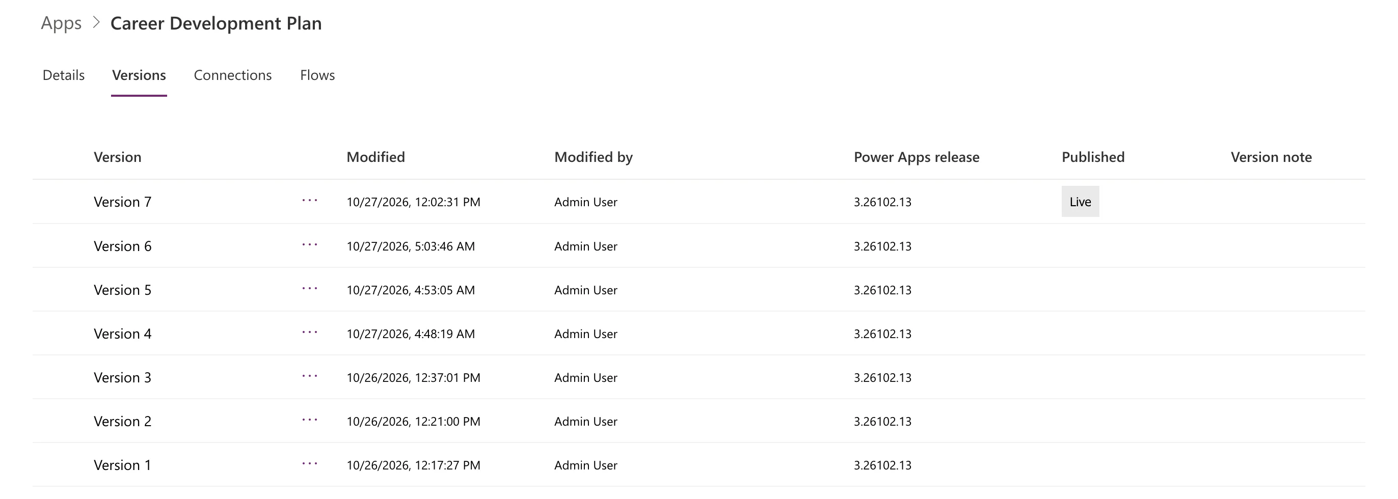 The Versions tab of the app's details, listing Version 7 to Version 1 with their modified time, Admin User, Power Apps release 3.26102.13, and Version 7 marked Live