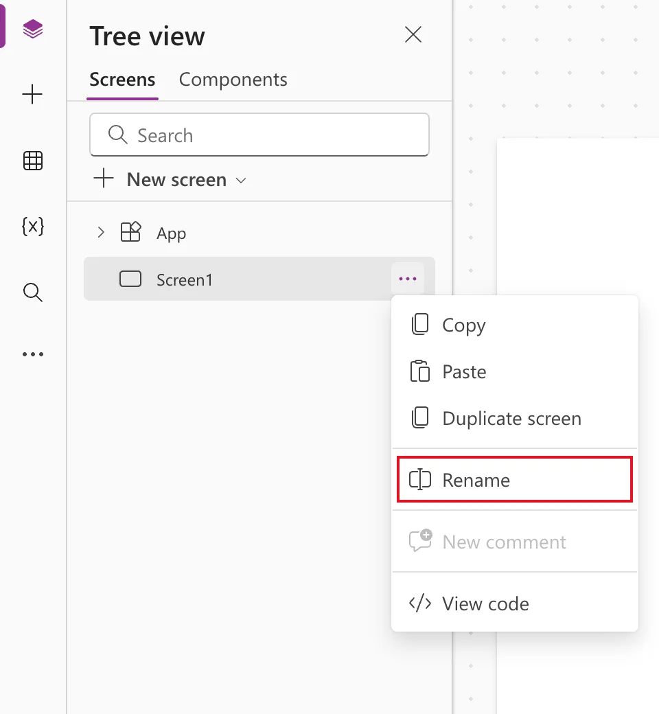 The tree view with the menu of Screen1 open, listing Copy, Paste, Duplicate screen, Rename, New comment and View code, with Rename outlined in red