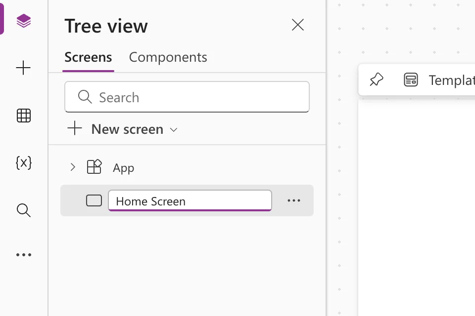 The tree view with the screen's name in an edit box reading Home Screen