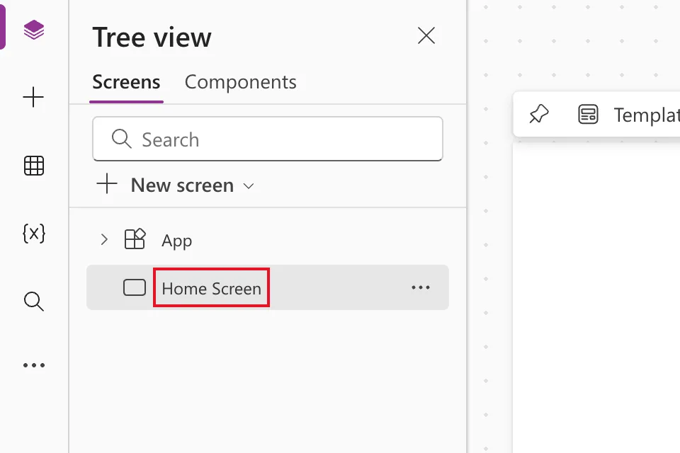 The tree view listing App and Home Screen, with the name Home Screen outlined in red