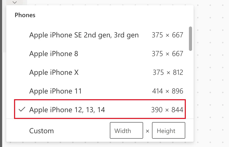 The Phones list in preview, showing Apple iPhone SE 2nd gen, 3rd gen 375 by 667, Apple iPhone 8 375 by 667, Apple iPhone X 375 by 812, Apple iPhone 11 414 by 896, and Apple iPhone 12, 13, 14 390 by 844 ticked and outlined in red, with Custom Width by Height at the bottom
