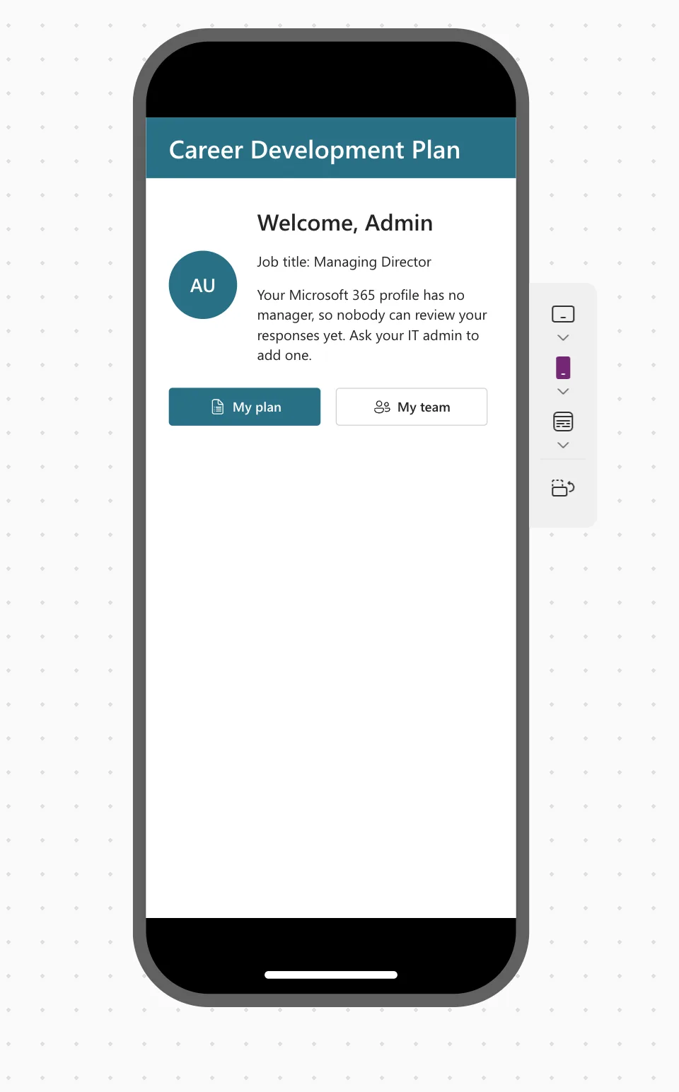 The Home screen in the iPhone 12, 13, 14 frame with the full welcome line, the job title, the whole manager message across four lines, and the My plan and My team buttons below