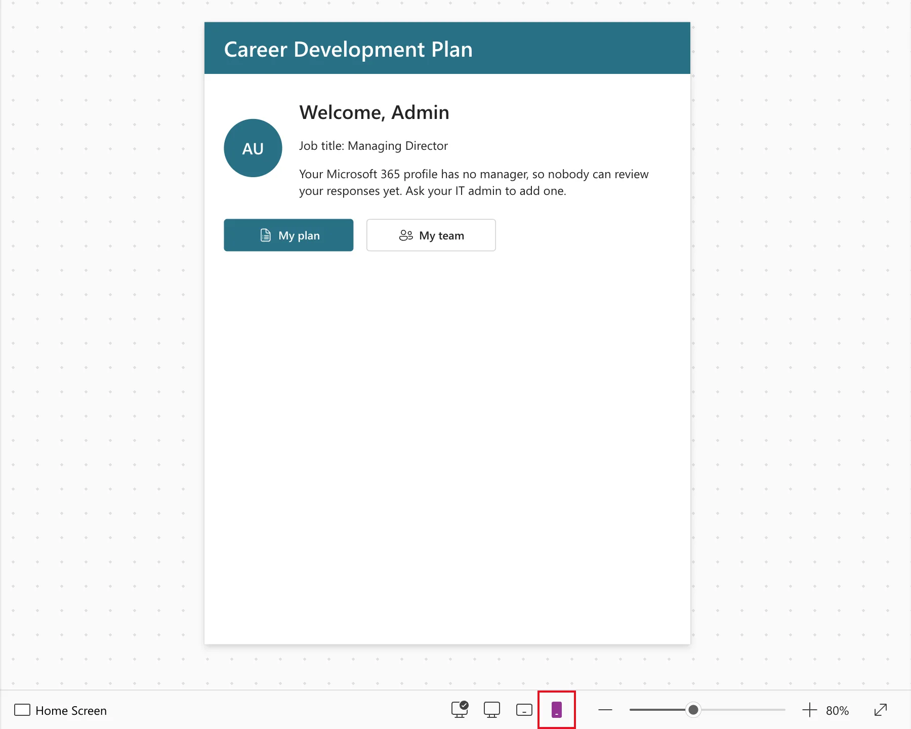The Home screen on the canvas at the Small size, 600 wide, with the manager message on two lines, the buttons below, and the Small button highlighted in the bottom bar