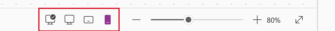 The bottom bar of the canvas with four size buttons, Default, Large, Medium and Small, outlined in red, then the zoom slider at 80%