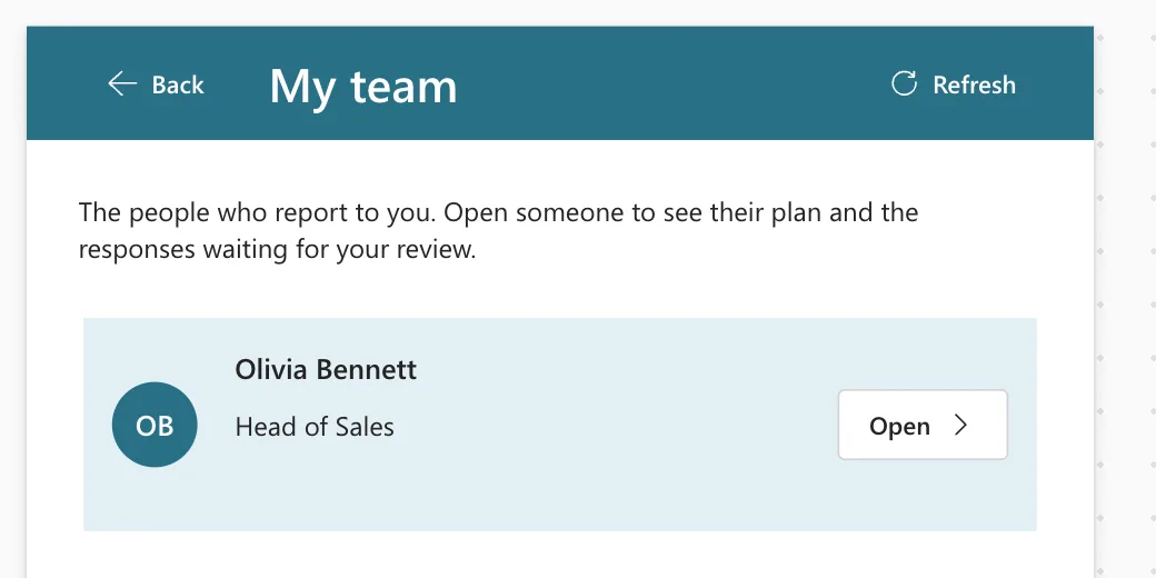 The My team screen on the canvas at the Small size with Back, Refresh and Open ›, all still showing their text