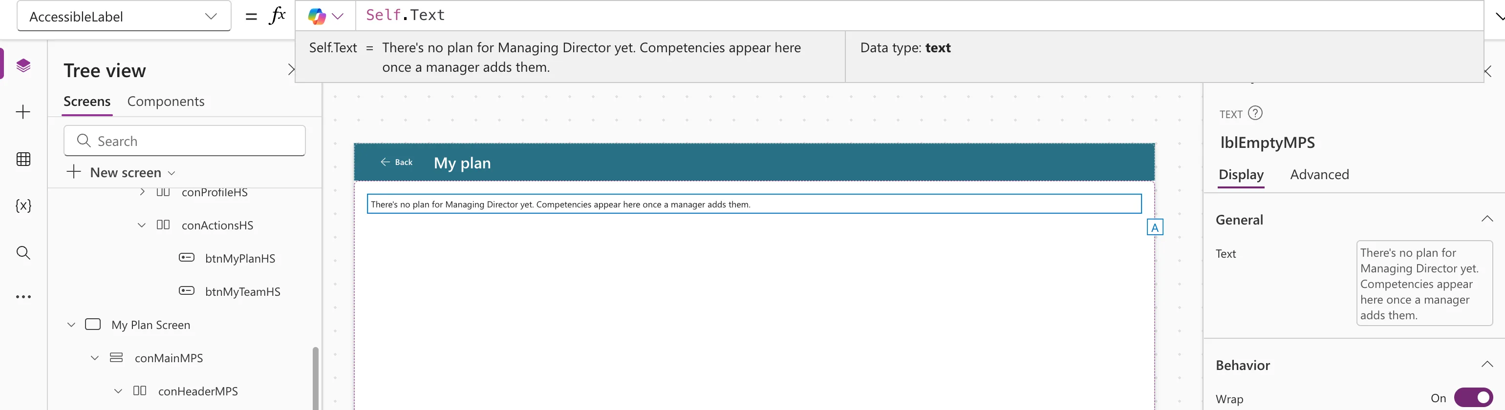 The formula bar with the AccessibleLabel property of lblEmptyMPS set to Self.Text, and the preview strip reading Self.Text = There's no plan for Managing Director yet. Competencies appear here once a manager adds them, with Data type text