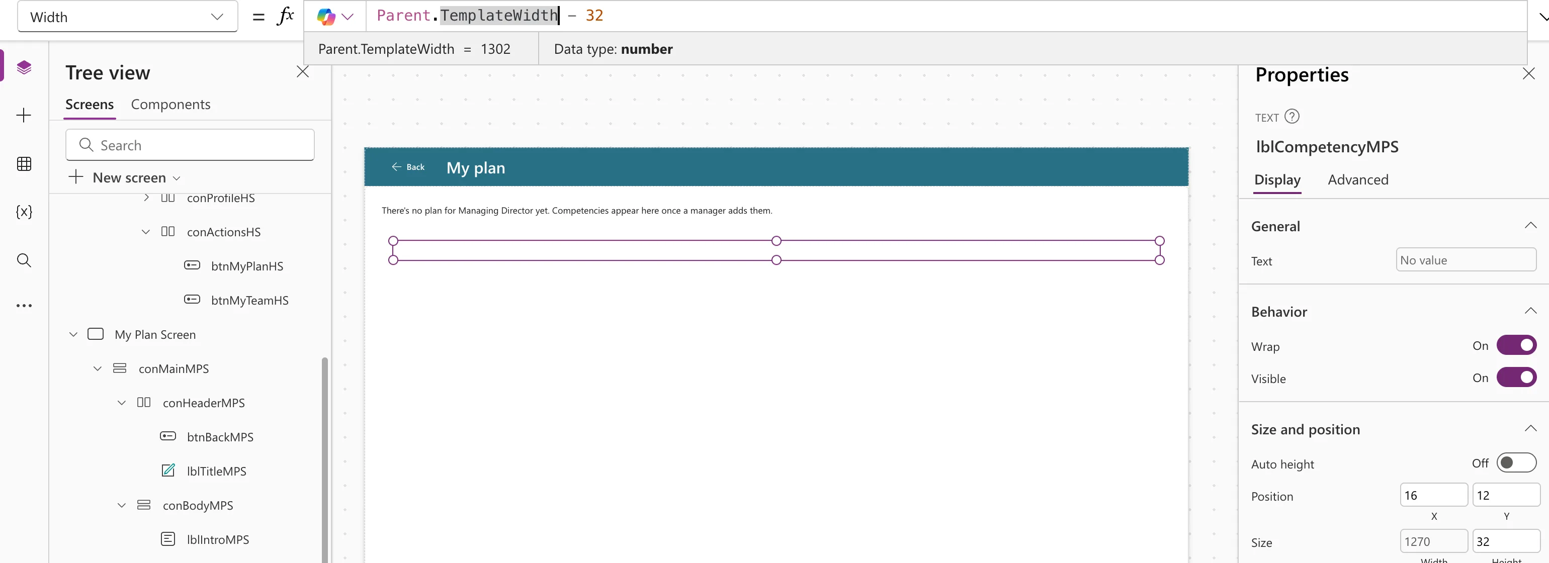 The formula bar with the Width property of lblCompetencyMPS set to Parent.TemplateWidth - 32 and the preview strip reading Parent.TemplateWidth = 1302 with Data type number