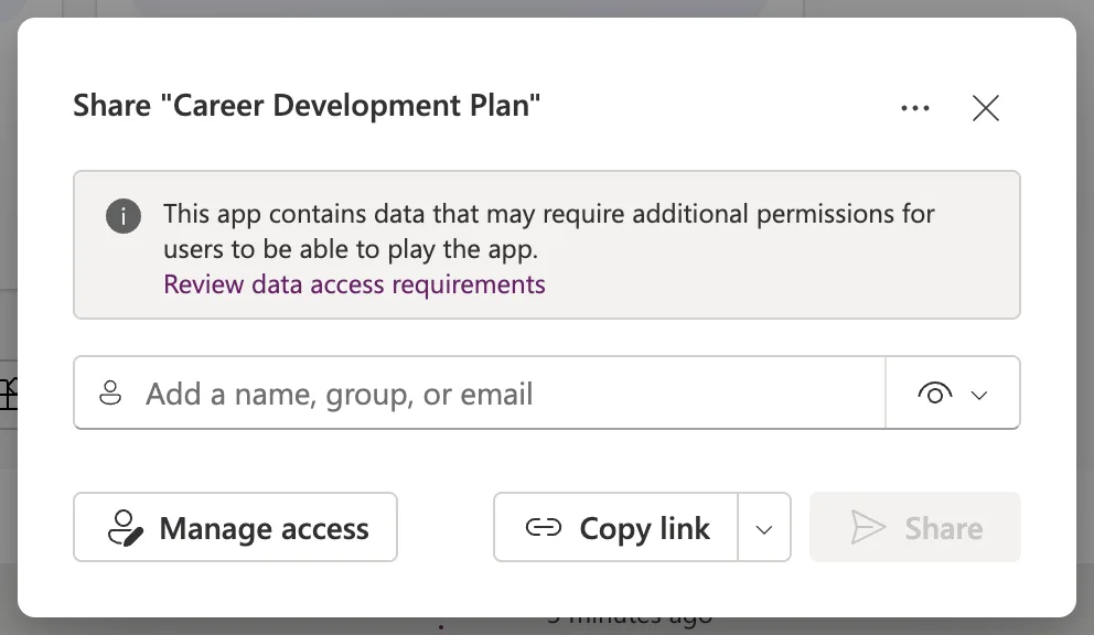 The Share Career Development Plan dialog with an information bar, Review data access requirements, a box to add a name, group or email, and the Manage access, Copy link and Share buttons