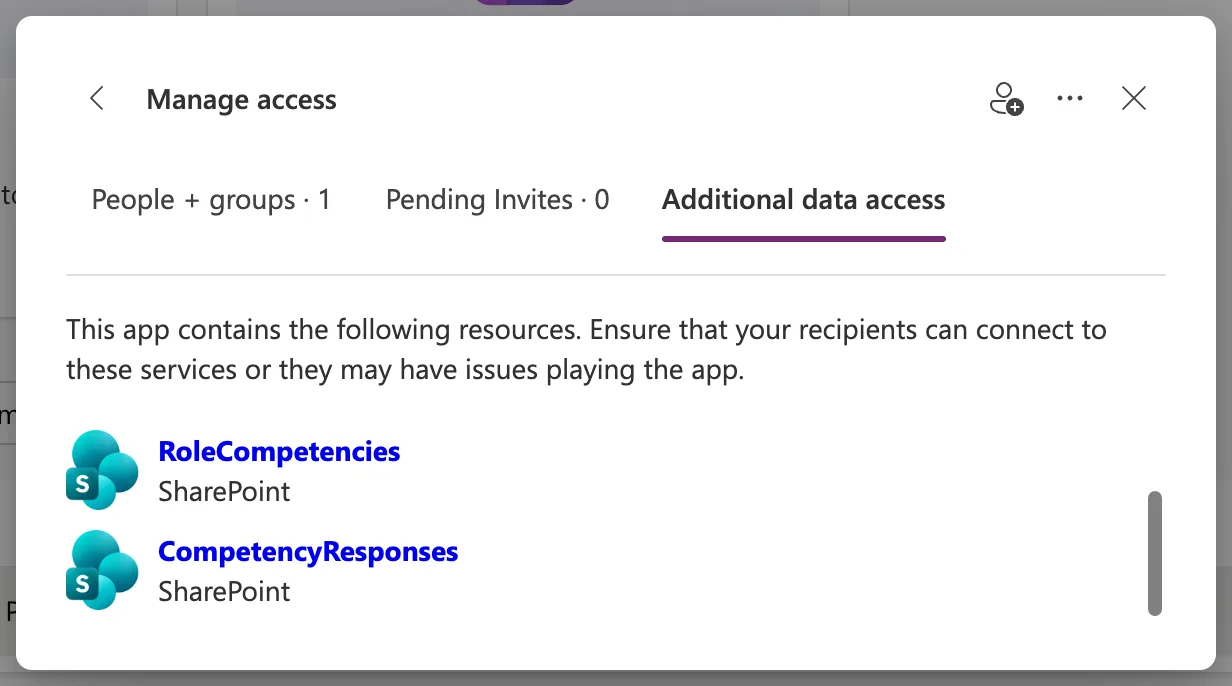 The Additional data access tab listing the app's resources: Office 365 Users, and the RoleCompetencies and CompetencyResponses SharePoint lists