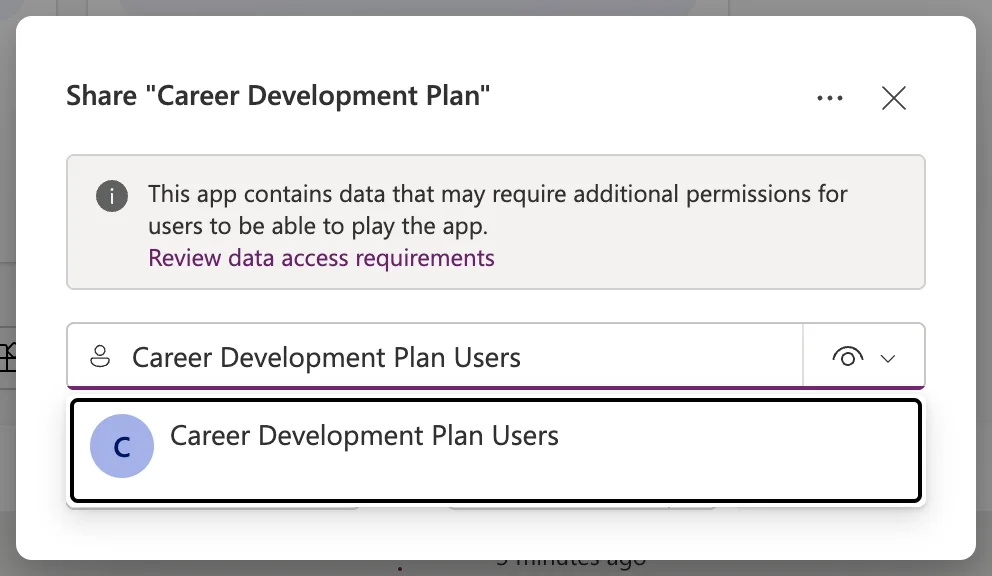 The share box with Career Development Plan Users typed and the group shown as a suggestion below