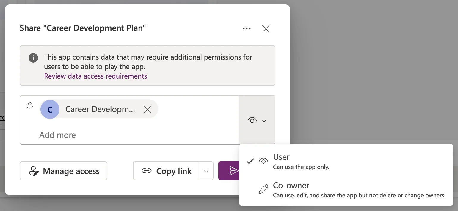 The access options menu with User, Can use the app only, checked, and Co-owner, Can use, edit, and share the app but not delete or change owners