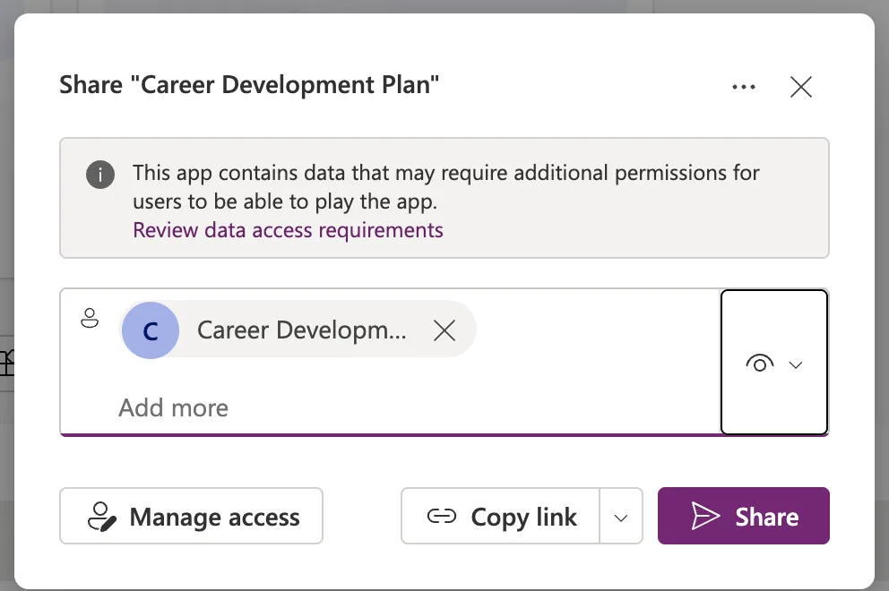 The share dialog with the group Career Development Plan Users added as a chip and the Share button enabled