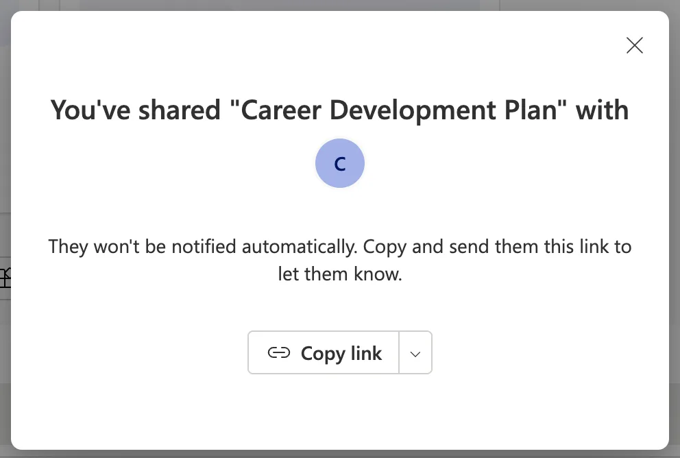 The confirmation You've shared Career Development Plan with, the group's icon, and They won't be notified automatically. Copy and send them this link to let them know., with a Copy link button