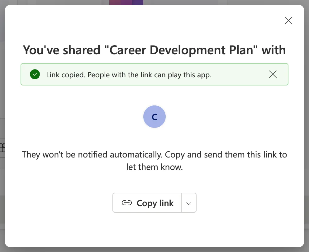 The share confirmation with a green bar reading Link copied. People with the link can play this app., and the Copy link button