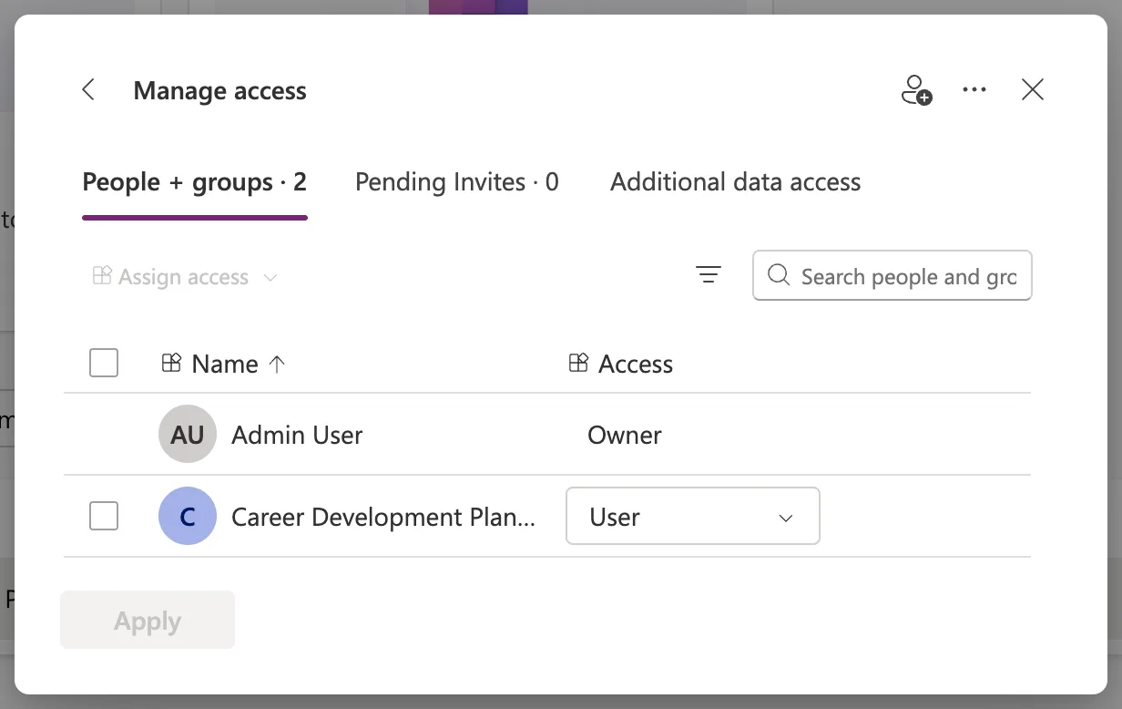 Manage access, People + groups 2: Admin User as Owner and Career Development Plan Users with User access