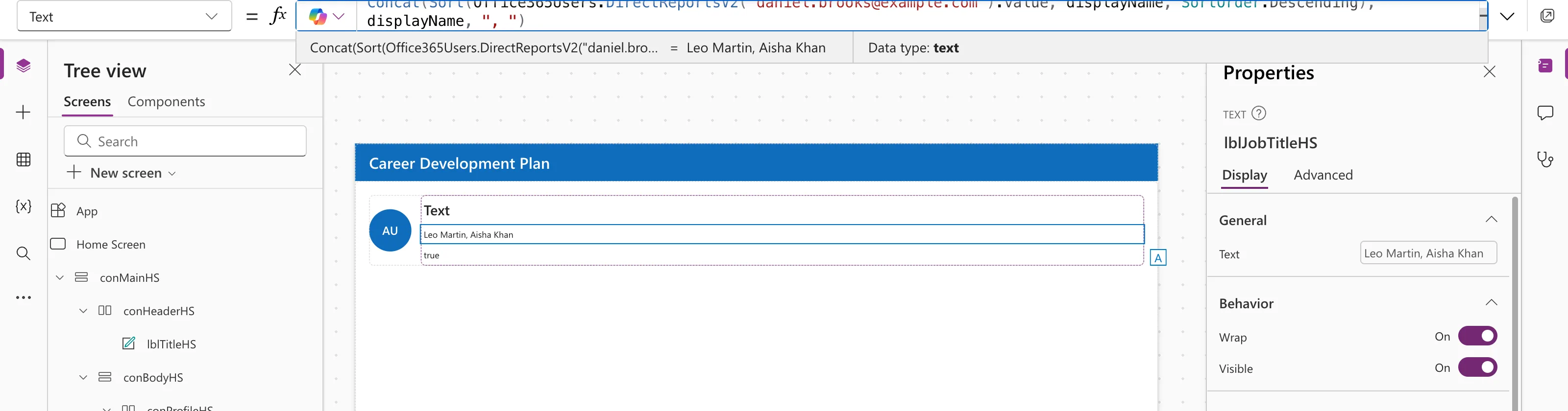 The formula bar with Sort of Daniel's direct reports by displayName with SortOrder.Descending inside Concat, the preview strip reading Leo Martin, Aisha Khan with Data type text