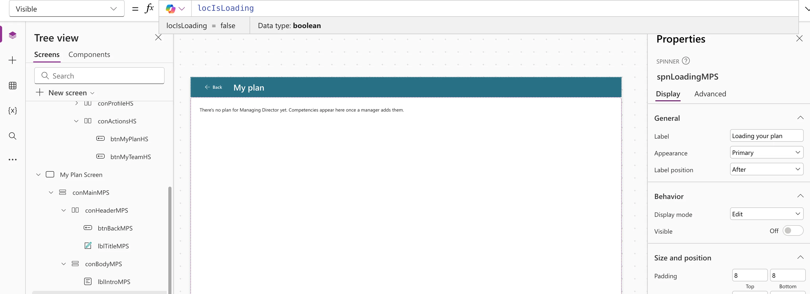 The formula bar with the Visible property set to locIsLoading, the preview strip reading locIsLoading = false with Data type boolean, and Visible Off in the properties pane