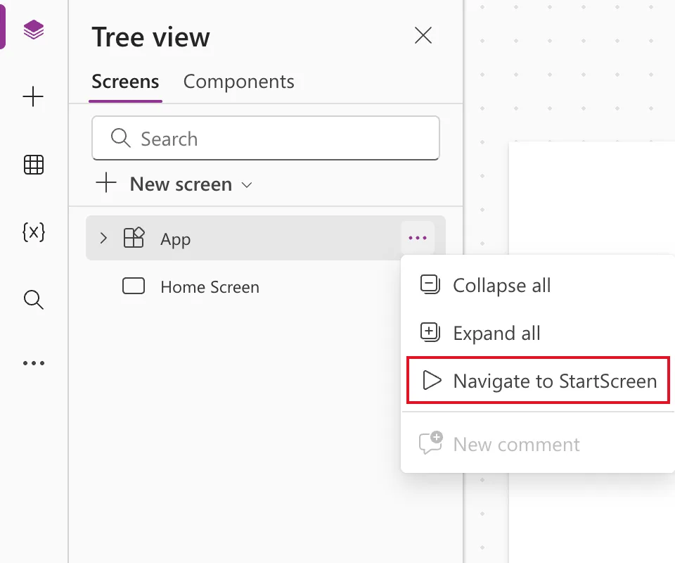 The App menu in the tree view with the switch off, listing Collapse all, Expand all, Navigate to StartScreen and New comment, with no Run OnStart