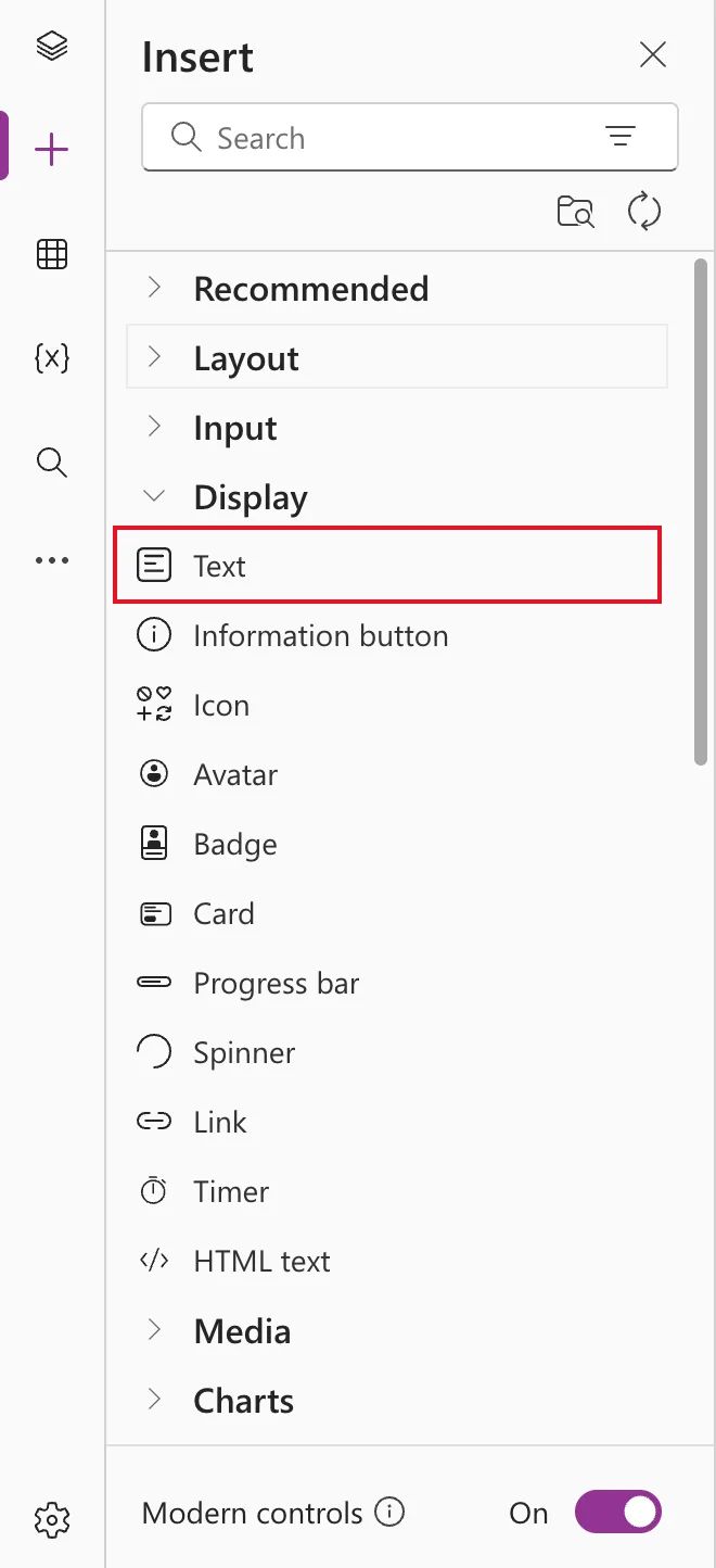 The Insert pane with the Display category expanded, listing Text, Information button, Icon, Avatar, Badge, Card, Progress bar, Spinner, Link, Timer and HTML text, with Text outlined in red