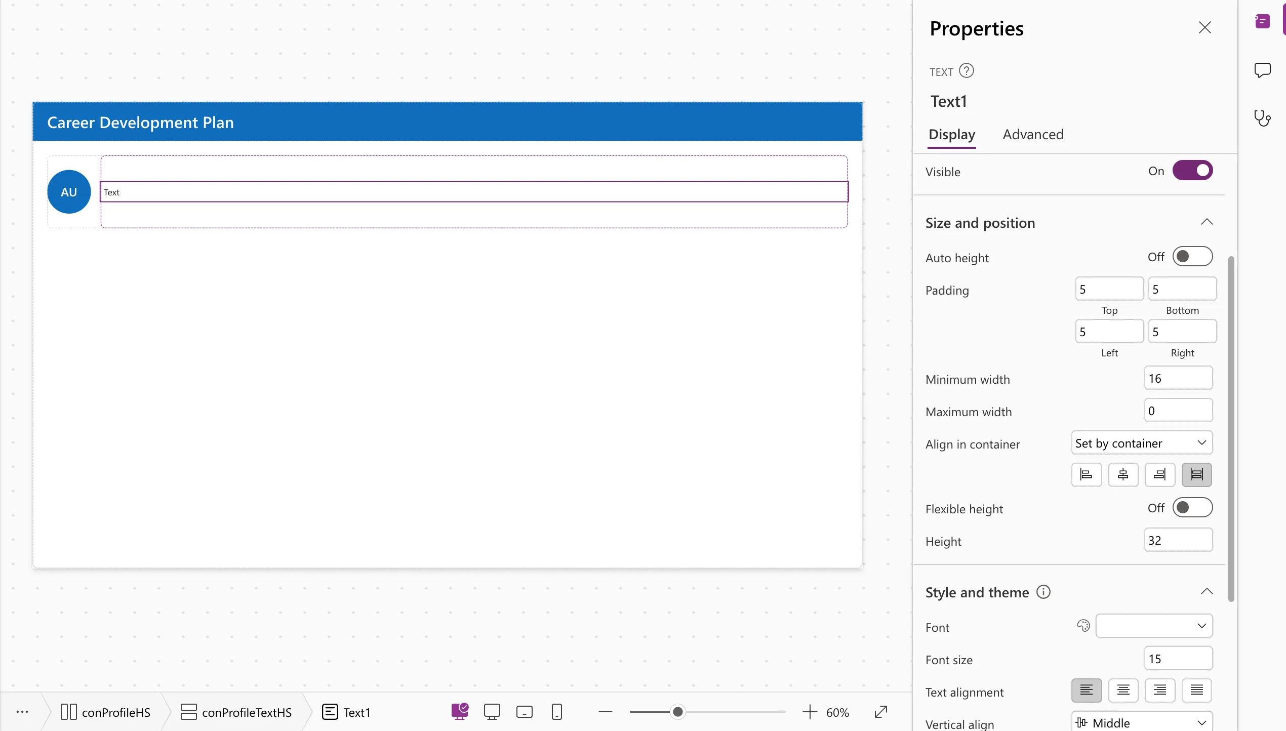 A new Text control in the profile area of the Home screen showing Text, with the properties pane showing Auto height Off, Padding 5, Flexible height Off, Height 32, Font size 15 and Vertical align Middle