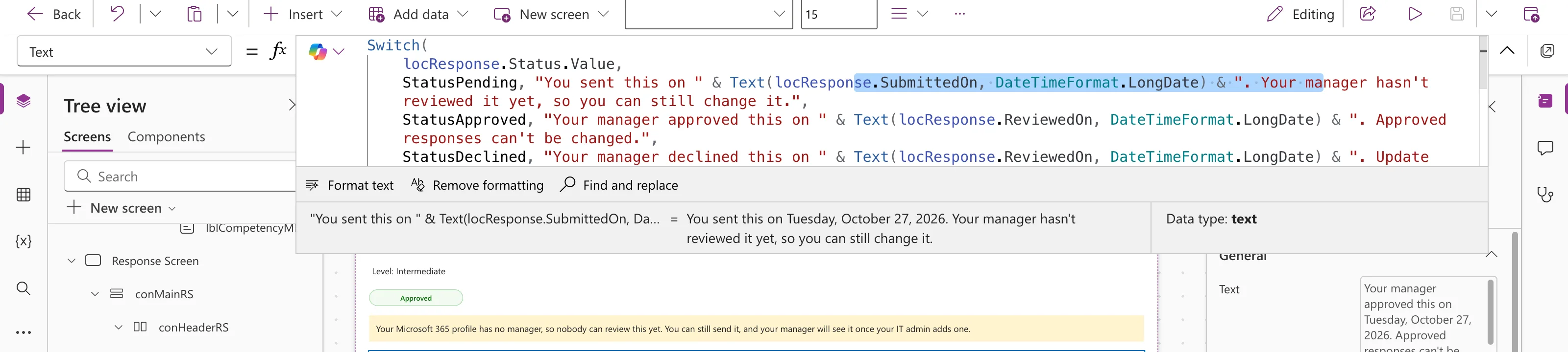 The expanded formula bar of lblInfoRS with the pending sentence selected, and the preview strip reading You sent this on Tuesday, October 27, 2026. Your manager hasn't reviewed it yet, so you can still change it