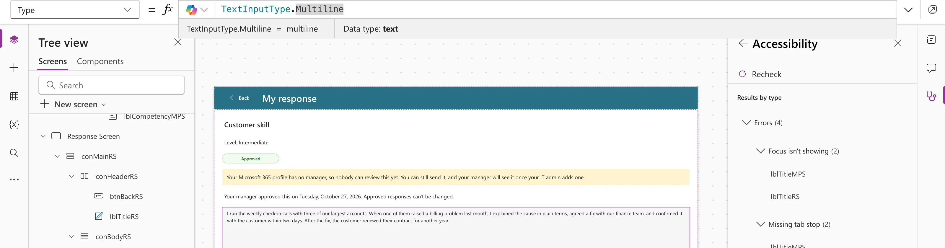 The formula bar with the Type property of txtResponseRS set to TextInputType.Multiline and the preview strip reading TextInputType.Multiline = multiline