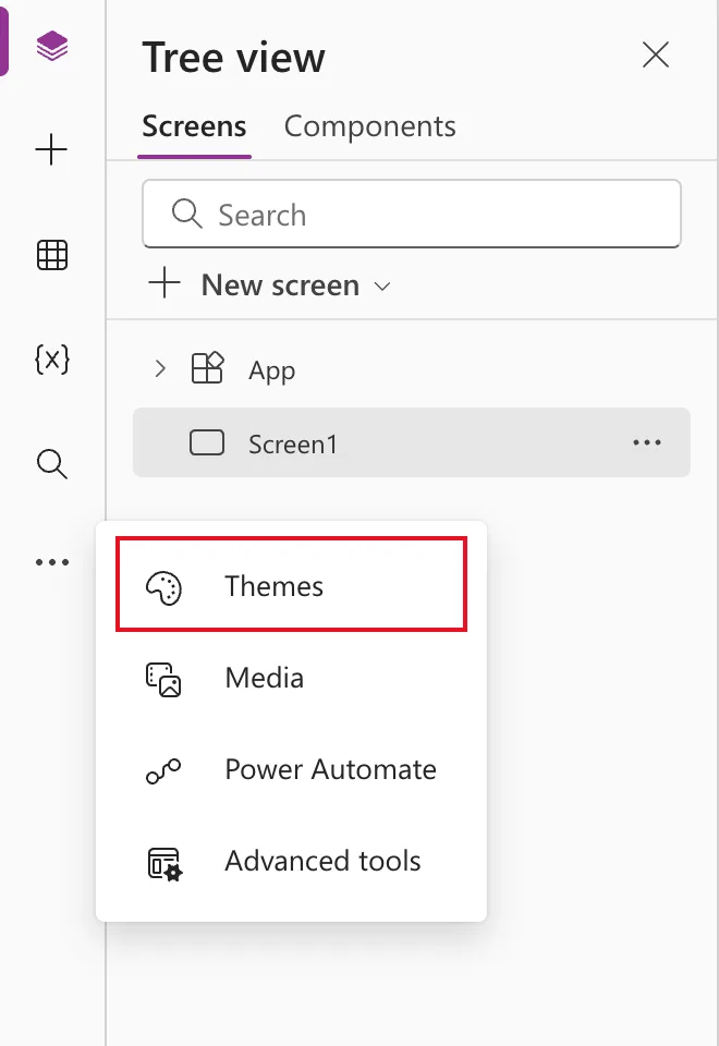 The left menu of Power Apps Studio with More open, listing Themes, Media, Power Automate and Advanced tools, with Themes outlined in red