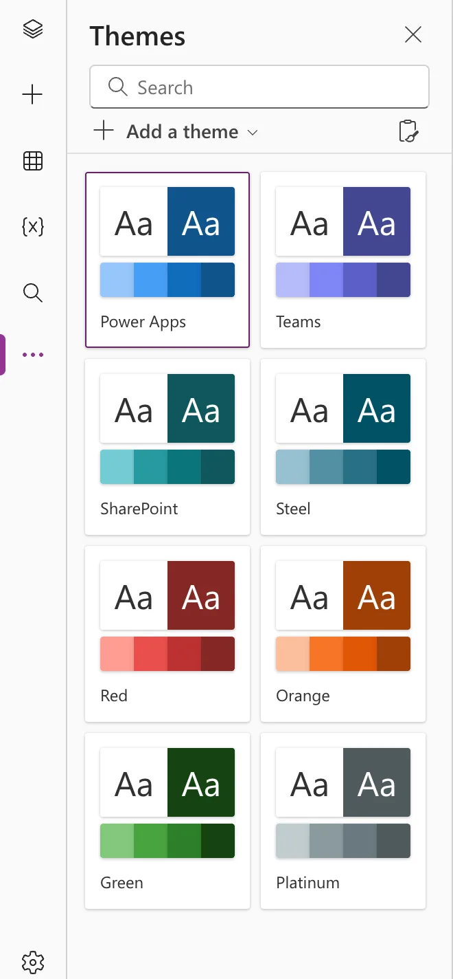 The Themes pane with a Search box, Add a theme, and eight theme tiles: Power Apps (selected), Teams, SharePoint, Steel, Red, Orange, Green and Platinum, each showing Aa samples and a strip of four colors